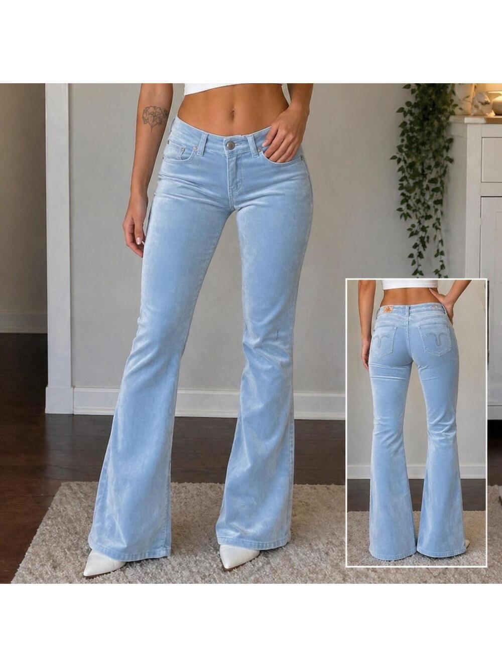 Y2K Blue Velvet Flare Pants Low Rise 26 Twill Twenty Two Retro Bootcut Soft